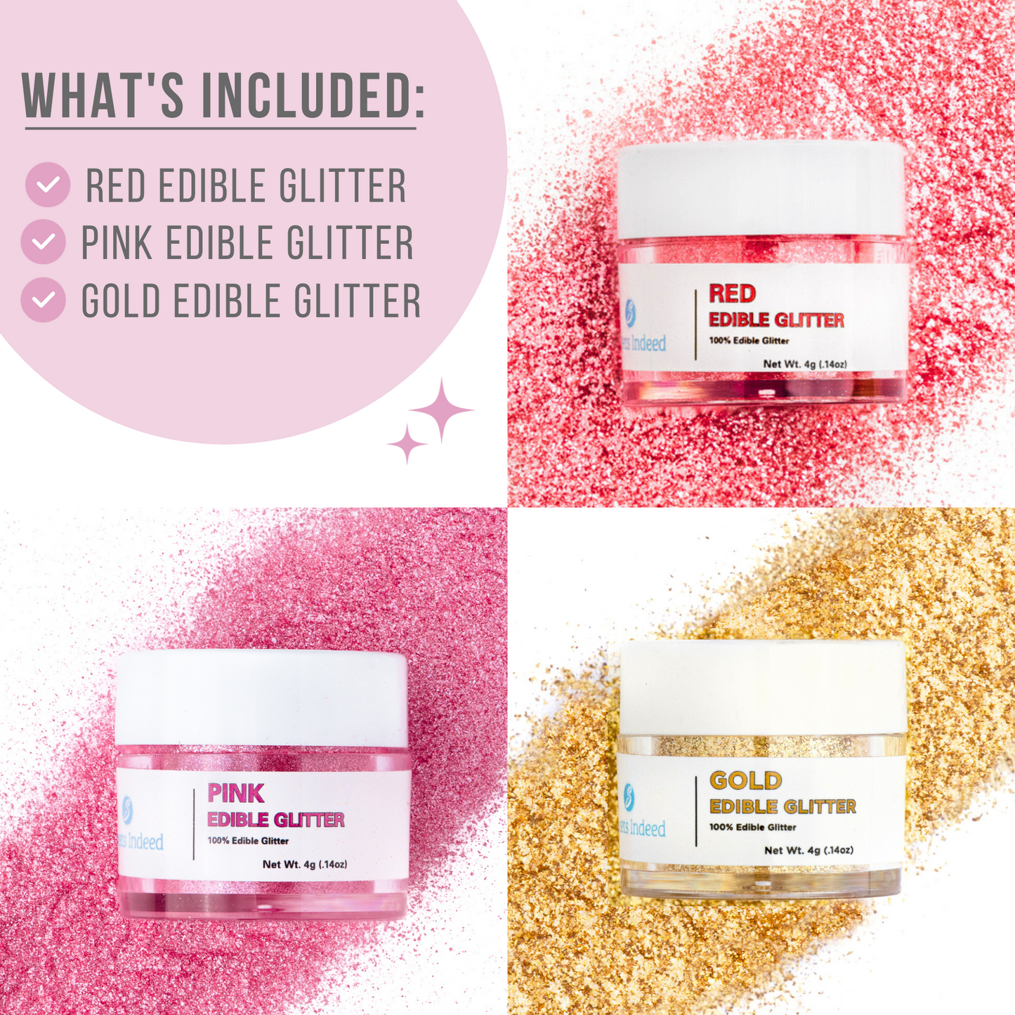 Edible Glitter 3 Pack - Pink, Red and Gold