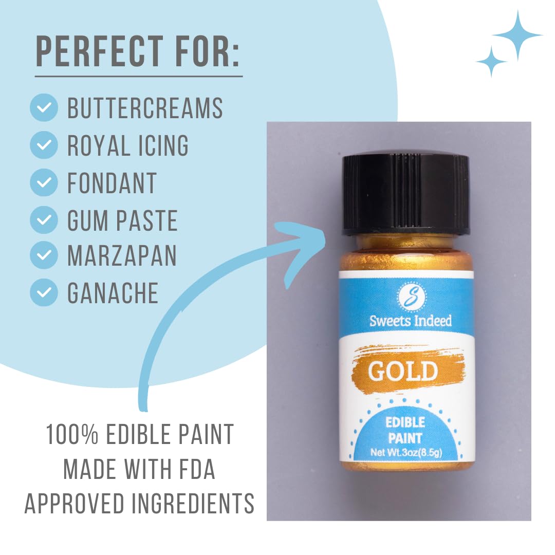 Sweets Indeed Gold Edible Paint, Perfect for Chocolate Easter Cake Decorating, Baking, Candy Melts, Frosting, Edible Food Dye, 0.30 fl oz
