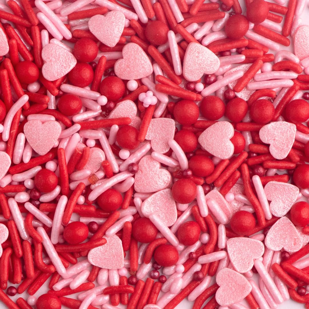Sweets Indeed Valentines Day Heart Sprinkle Mix | Red & Pink Jimmies, Sugar Pearls, Confetti Quins, Nonpareils & Heart Shapes | Baking & Decorating 4 ounces