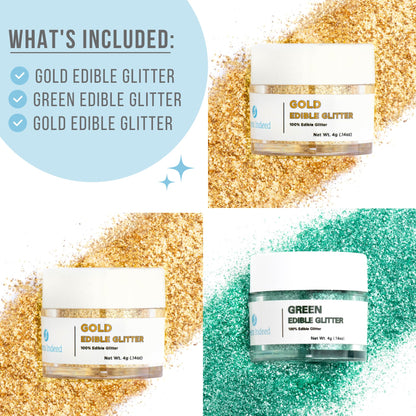 Sweets Indeed Edible Glitter, Perfect for Drinks, Cocktails, Beverages & Cake Decorating, Dessert Cake Topper, 4 grams, 3 Pack (Green/Gold)