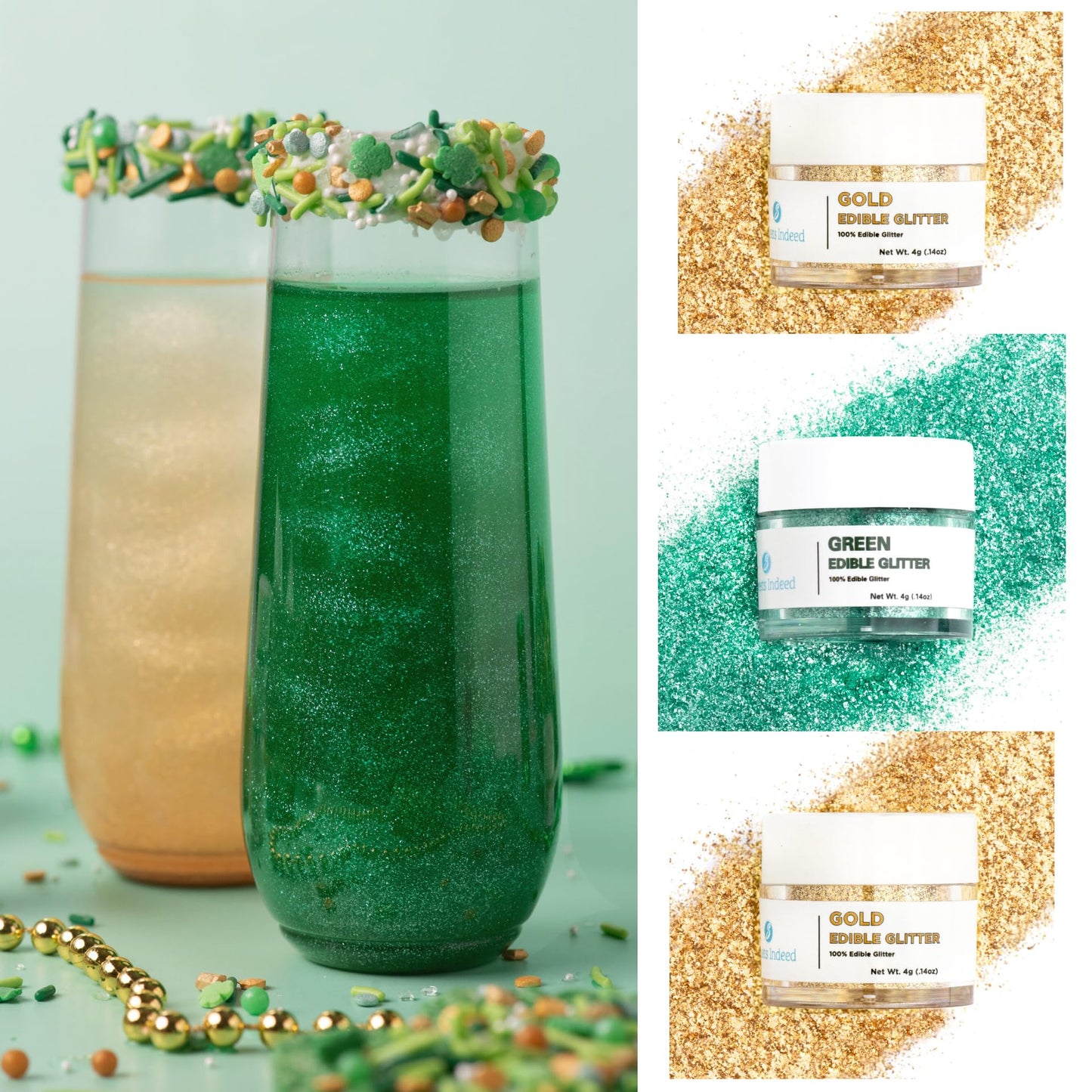 Sweets Indeed Edible Glitter, Perfect for Drinks, Cocktails, Beverages & Cake Decorating, Dessert Cake Topper, 4 grams, 3 Pack (Green/Gold)