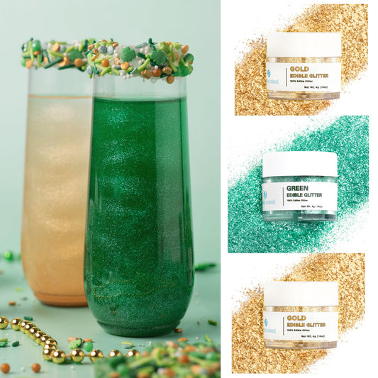 Sweets Indeed Edible Glitter, Perfect for Drinks, Cocktails, Beverages & Cake Decorating, Dessert Cake Topper, 4 grams, 3 Pack (Green/Gold)